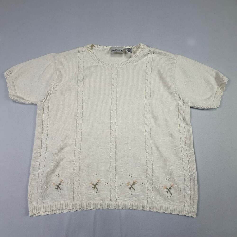Villager Liz Claiborne Vintage Short Sleeve Cable Knit Floral Embroidered Sweate